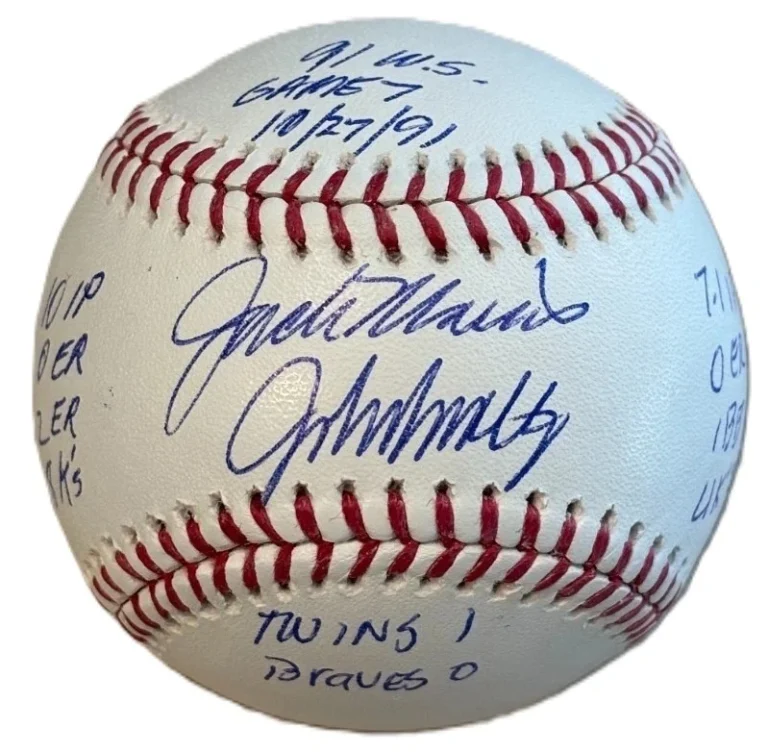 John Smoltz Jack Morris Signed 1991 World Series Game 7 Stat OML Baseball BAS
