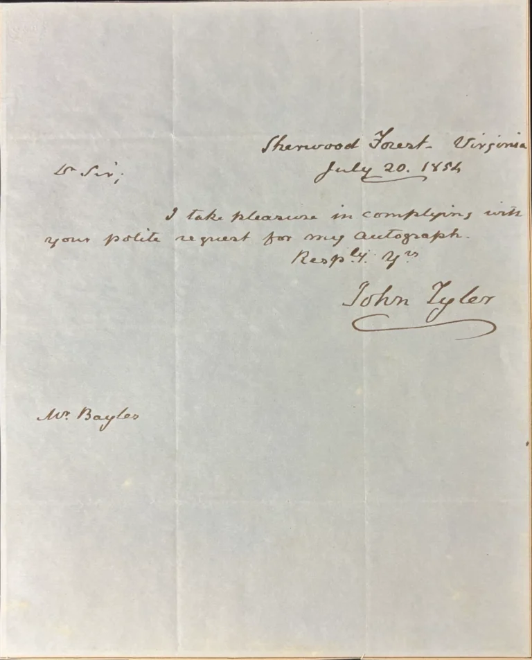 John Tyler Signed Handwritten Letter Autograph Request GRAD LOA