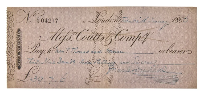 Charles Dickens Signed Auto 1866 Handwritten Bank Check UK Auction House GRAD