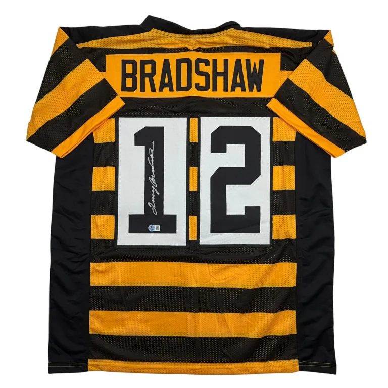 Autographed/Signed Terry Bradshaw Pittsburgh Bumble Bee Jersey Beckett COA