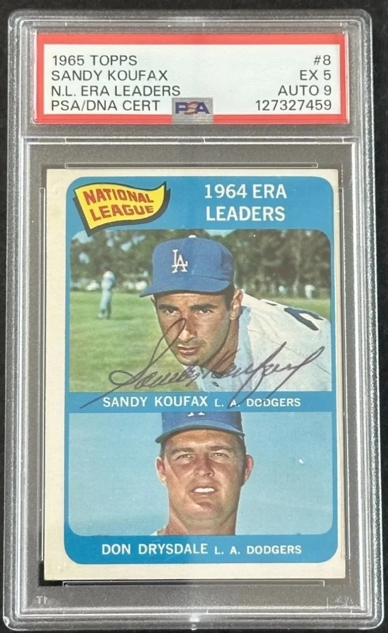 Sandy Koufax Signed Auto 1965 Topps #8 NL ERA Leaders Card PSA 5 Auto 9 POP 3