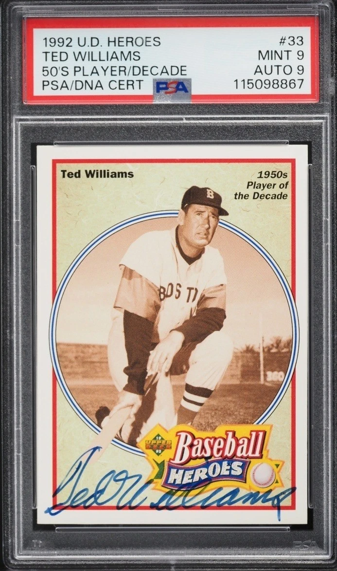 Ted Williams Signed Auto 1992 UD Heroes 33 Player of Decade PSA 9 Auto 9 POP 1