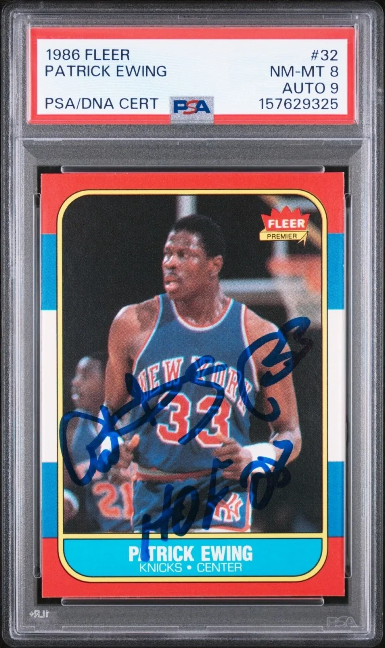 Patrick Ewing Signed Auto 1986 Fleer 32 Rookie Card HOF 08 PSA 8 Auto 9