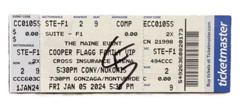 Cooper Flagg Signed Auto 2024 Maine Event Gonzaga vs Montverde Ticket JSA