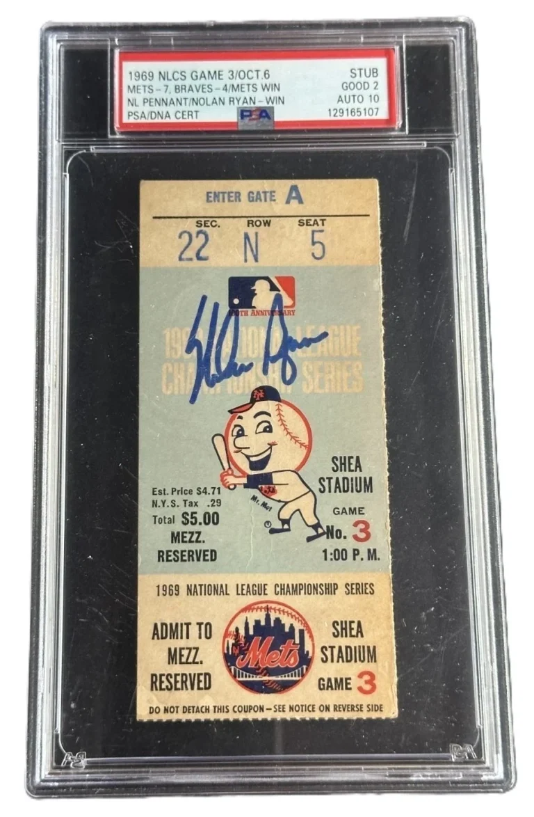 Nolan Ryan Signed Auto 1969 NLCS Game 3 Ticket First Playoff Win PSA 2 Auto 10