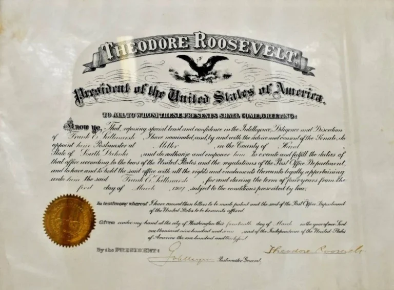 President Theodore Roosevelt Signed Auto 1907 Postmaster Appointment GRAD