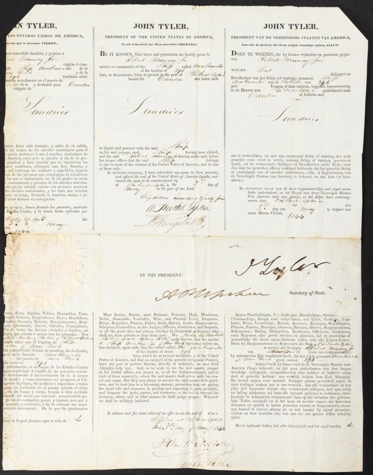 President John Tyler Signed Auto 1844 Ships Pass Document PSA DNA