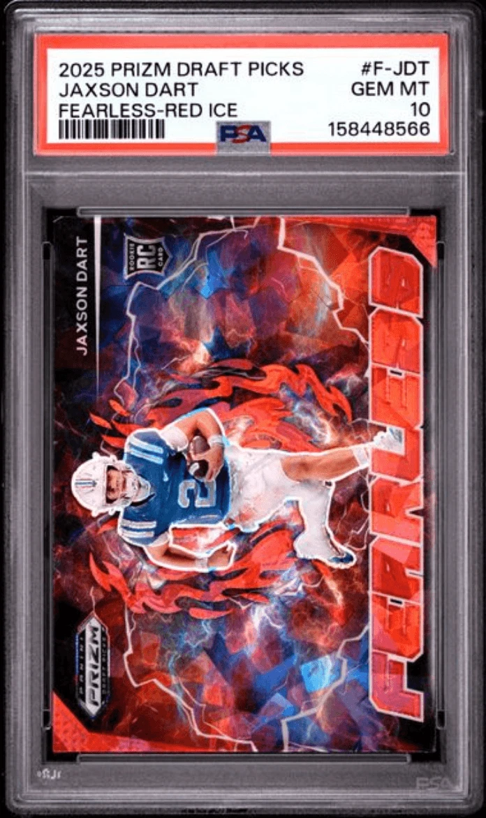 Graded 2025 Prizm DP Jaxson Dart #FJDT Fearless Red Ice Rookie Card PSA 10