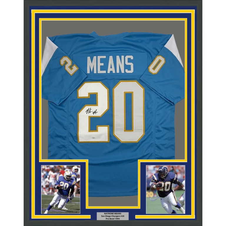 Framed Autographed Natrone Means LA San Diego Powder Blue Jersey BAS COA
