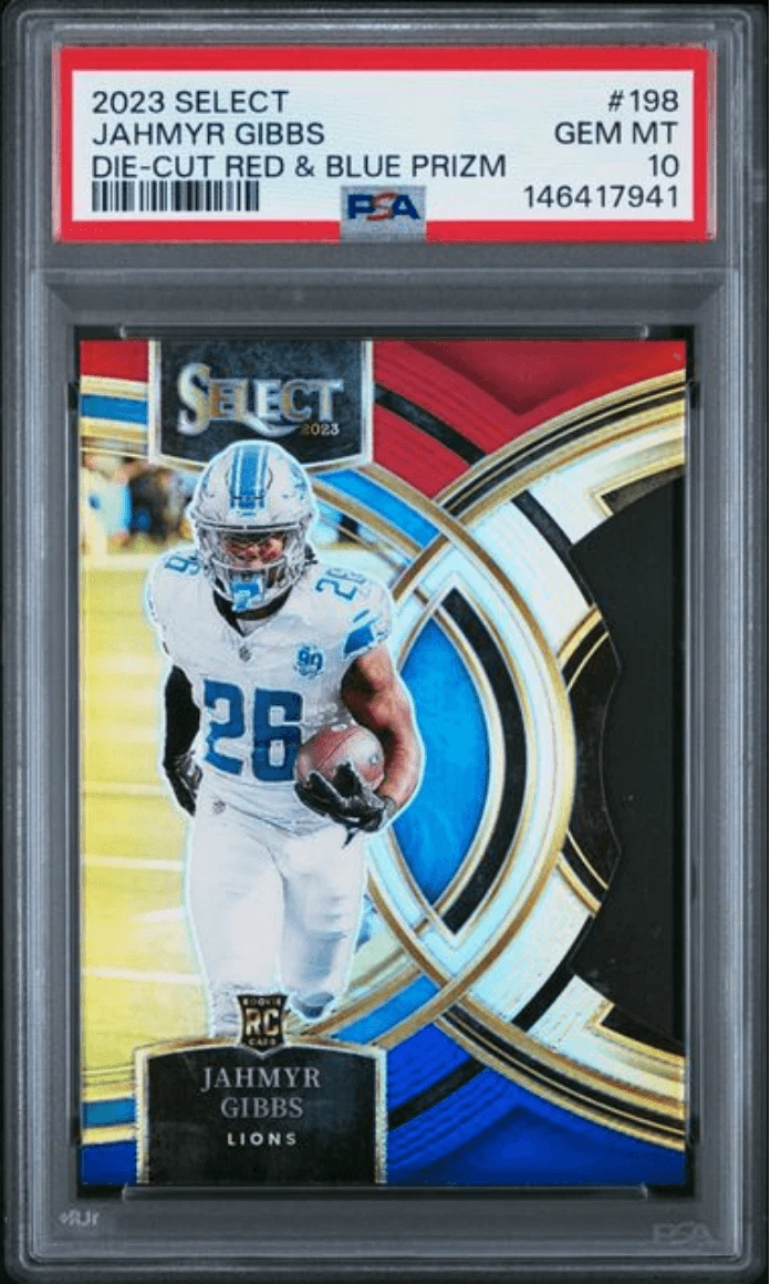 Graded 2023 Select Jahmyr Gibbs #198 Die Cut Red & Blue Rookie Card PSA 10