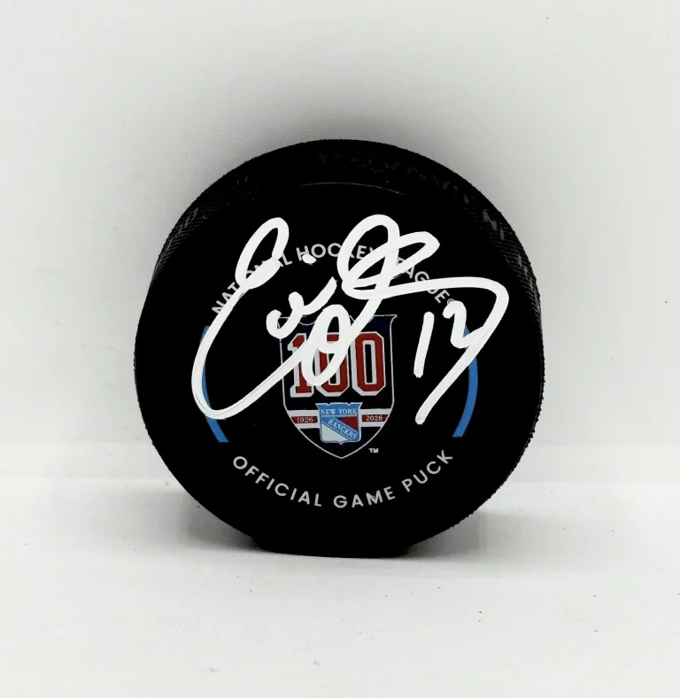 Eddie Olczyk signed New York Rangers 100th Anniversary Game Puck JSA Witnessed