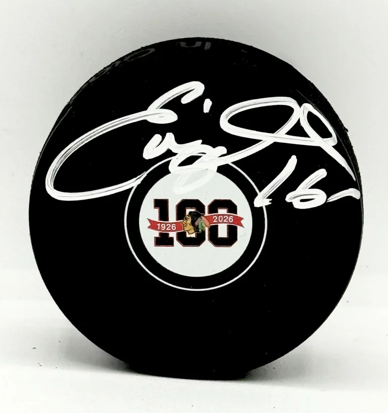 Eddie Olczyk signed Chicago Blackhawks 100th Anniversary Logo Puck JSA Witnessed