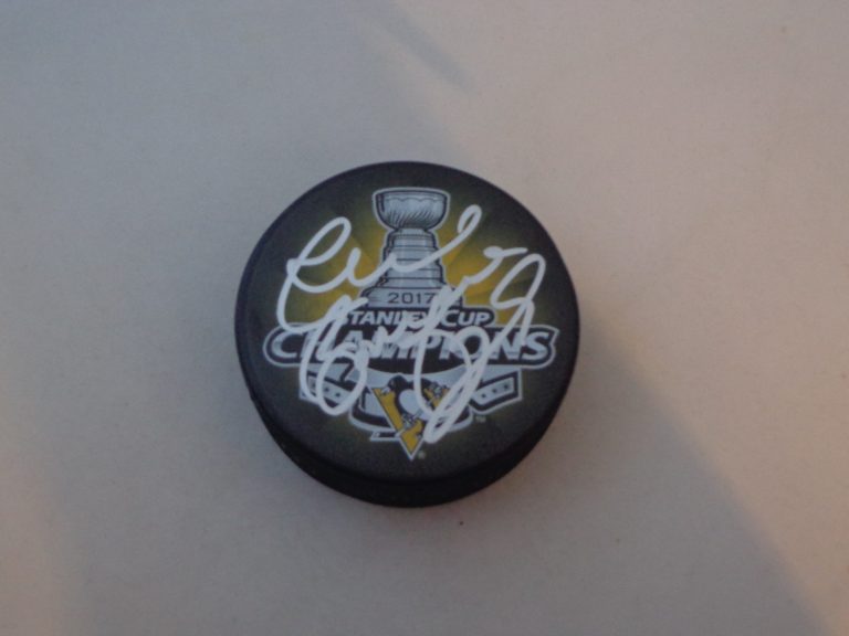 Phil Bourque signed Pittsburgh Penguins 2017 Stanley Cup Champions puck Champs