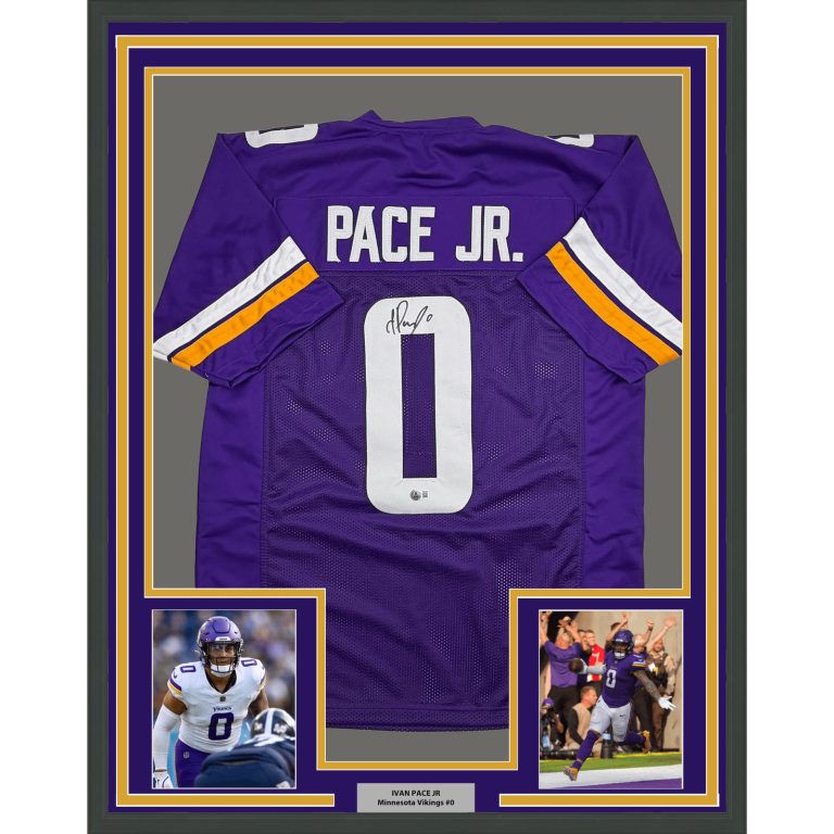 Framed Autographed Ivan Pace Jr. Minnesota Purple Football Jersey BAS COA