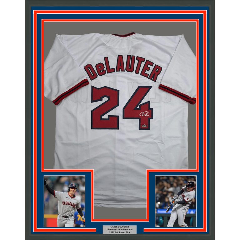 Framed Facsimile Autographed Chase DeLauter Cleveland White Reprint Jersey