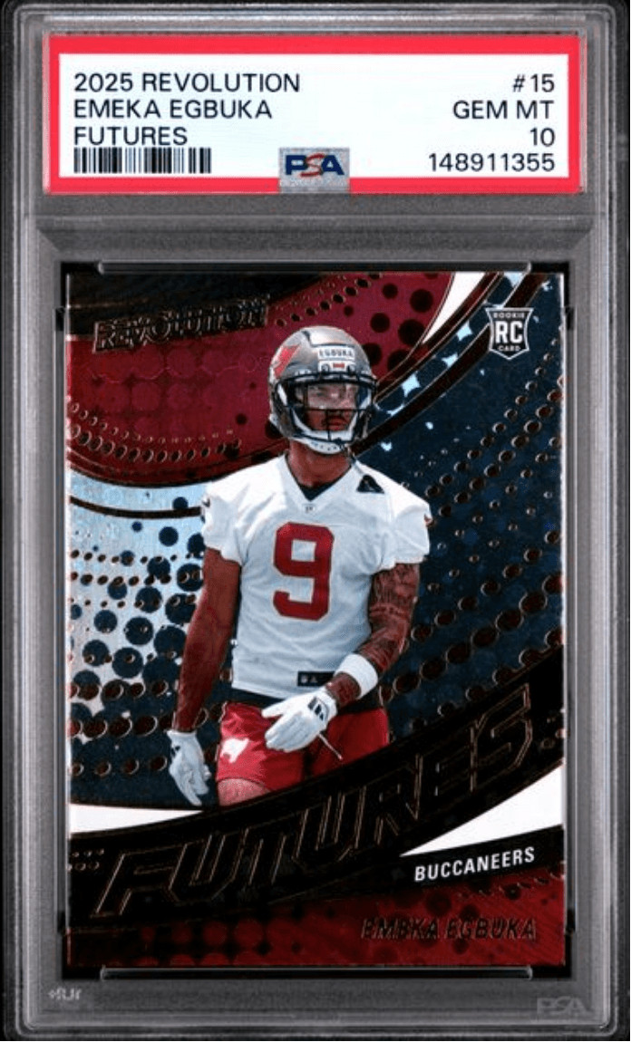 Graded 2025 Revolution Emeka Egbuka #15 Futures Rookie Football Card PSA 10