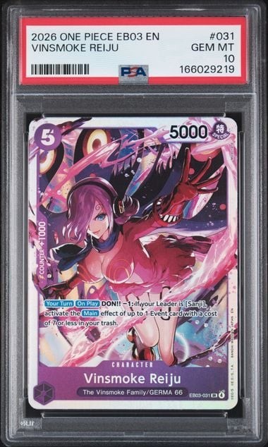 Graded 2026 One Piece Vinsmoke Reiju #031 EB03 EN Trading Card Game PSA 10