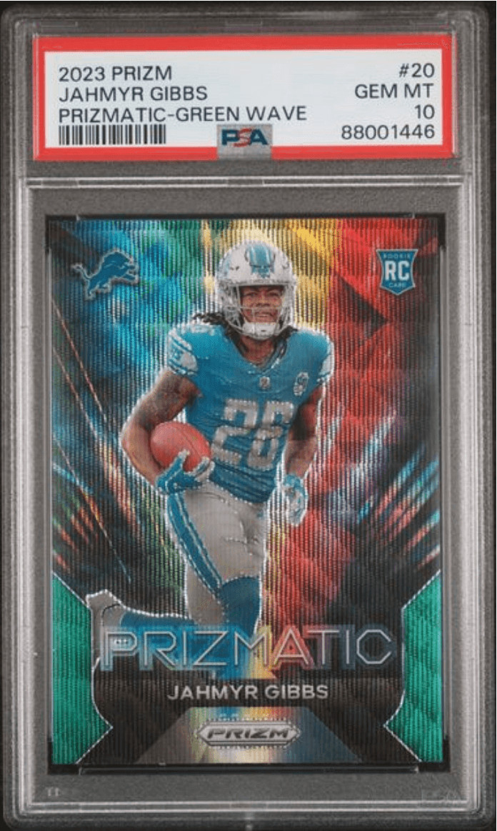 Graded 2023 Prizm Jahmyr Gibbs #20 Prizmatic Green Wave Rookie Card PSA 10
