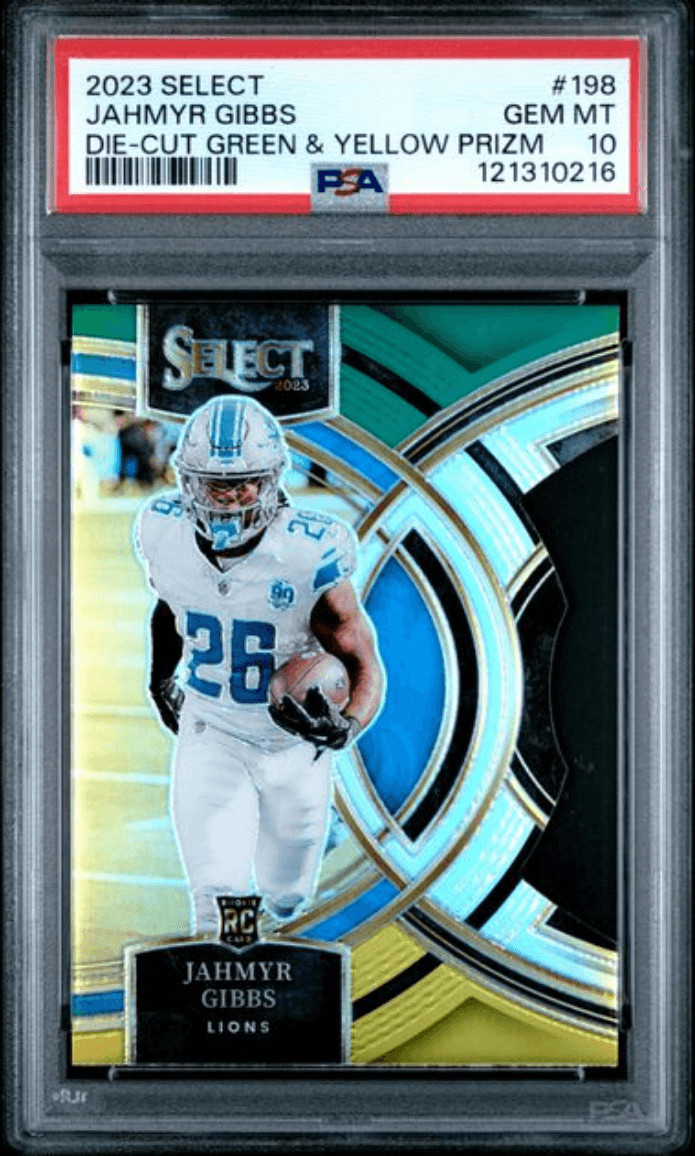 Graded 2023 Select Jahmyr Gibbs #198 Die Cut Green & Yellow RC Card PSA 10