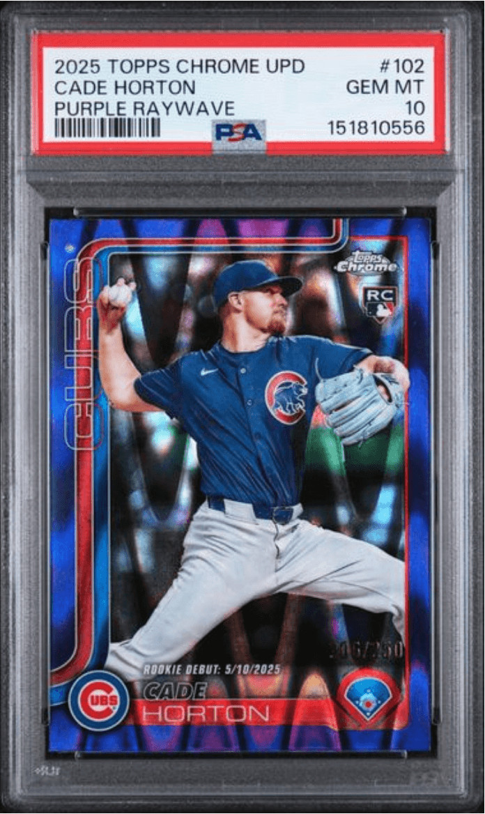 Graded 2025 Topps Chrome UPD Cade Horton #102 Purple Raywave /250 RC PSA 10