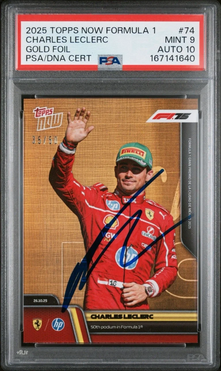 2025 Topps Now F1 #74 Charles Leclerc 50th F1 Podium Gold Foil /50 PSA 9/AUTO 10