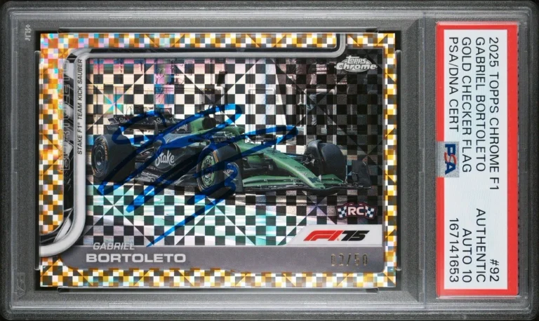 2025 Topps Chrome F1 #92 Gabriel Bortoleto Gold Checker Flag /50 PSA AUTO 10 RC