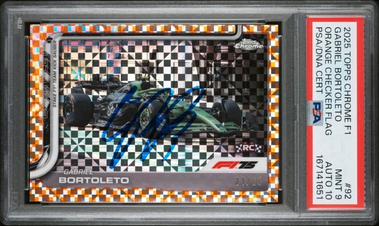 2025 Topps Chrome F1 #92 Gabriel Bortoleto Orange Checker Flag /25 PSA 9/AUTO 10