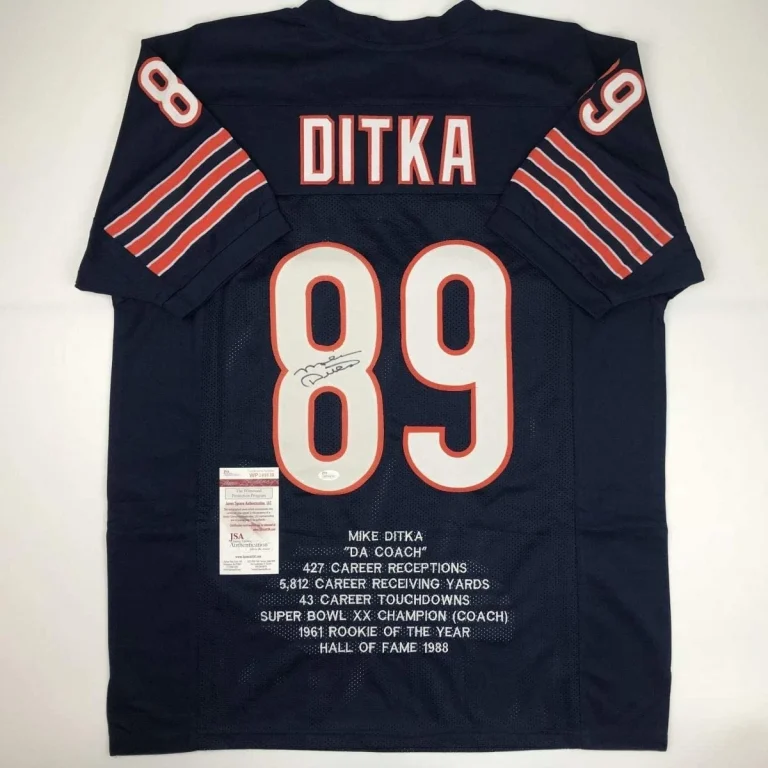 Autographed/Signed MIKE DITKA Chicago Blue Stat Jersey JSA COA Auto