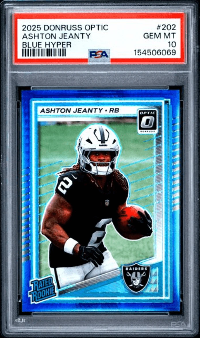 Graded 2025 Donruss Optic Ashton Jeanty #202 Blue Hyper Rookie Card PSA 10