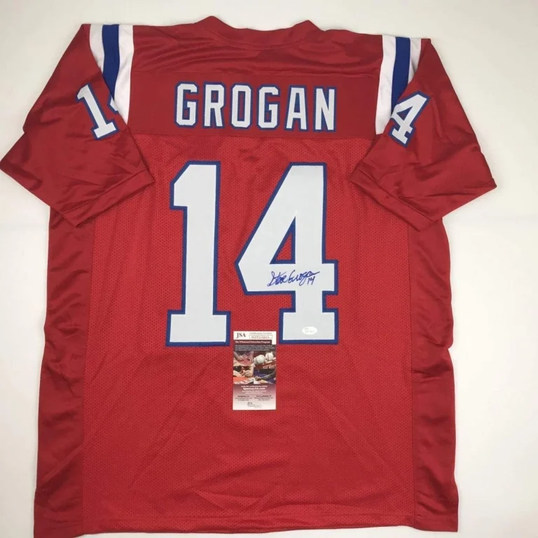 Autographed/Signed STEVE GROGAN New England Red Jersey JSA COA Auto