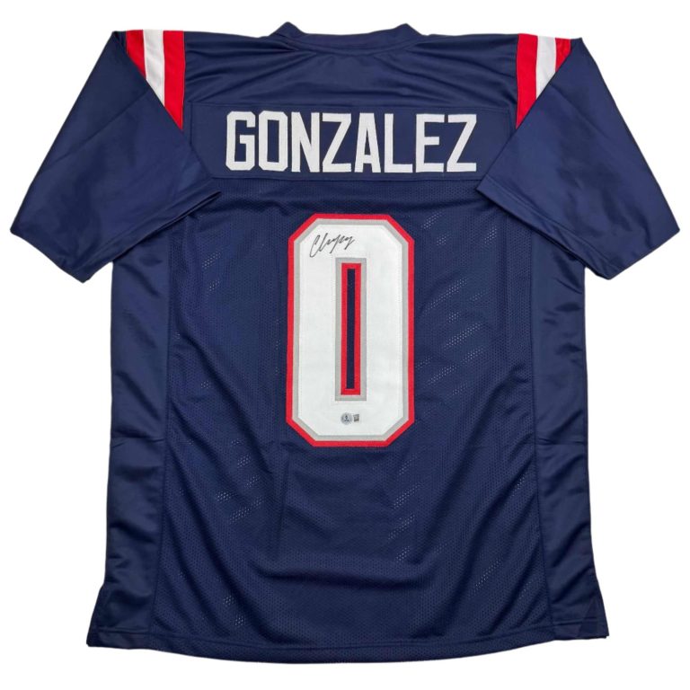 Autographed/Signed Christian Gonzalez New England Blue Jersey BAS COA