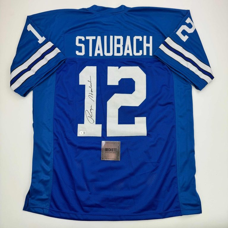 Autographed/Signed Roger Staubach Dallas Blue Jersey Beckett BAS COA