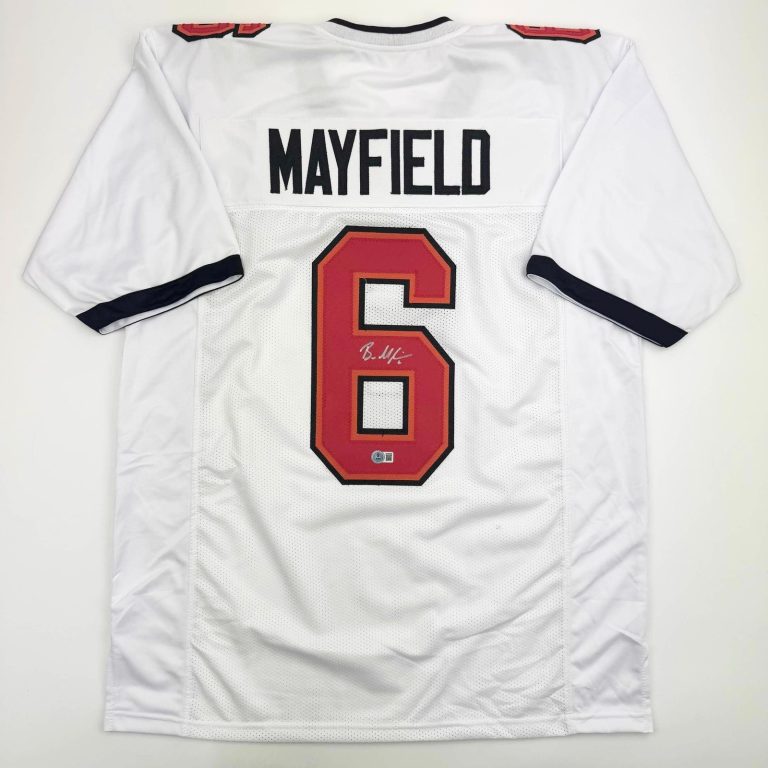 Autographed/Signed Baker Mayfield Tampa Bay White Jersey Beckett COA