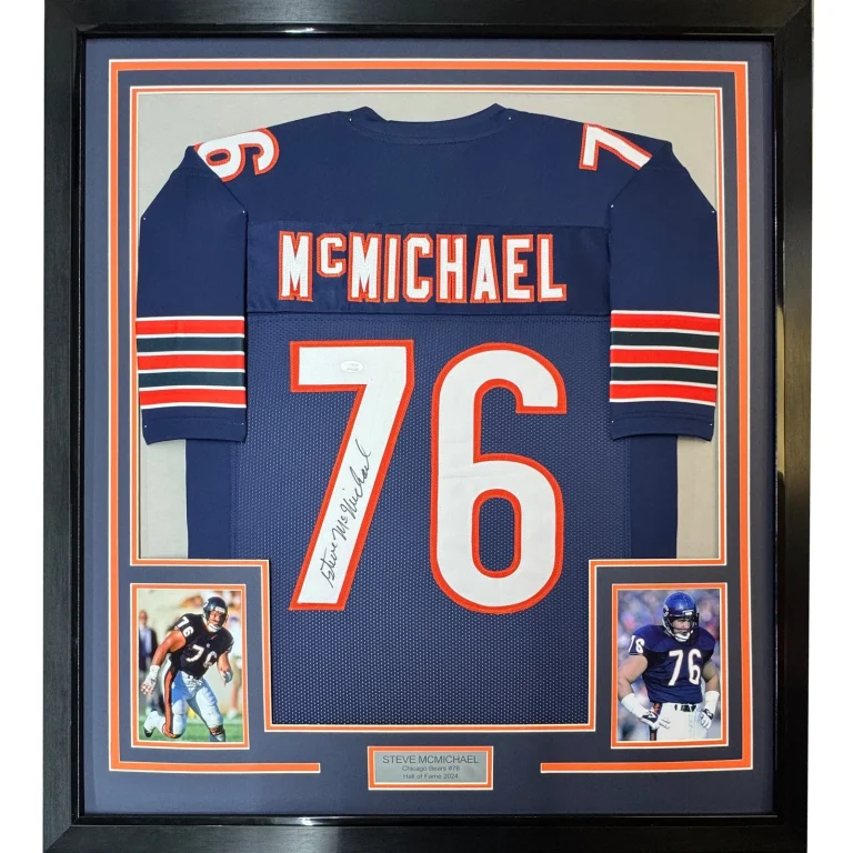 Framed Autographed/Signed Steve McMichael 35x39 Chicago Blue Jersey JSA COA