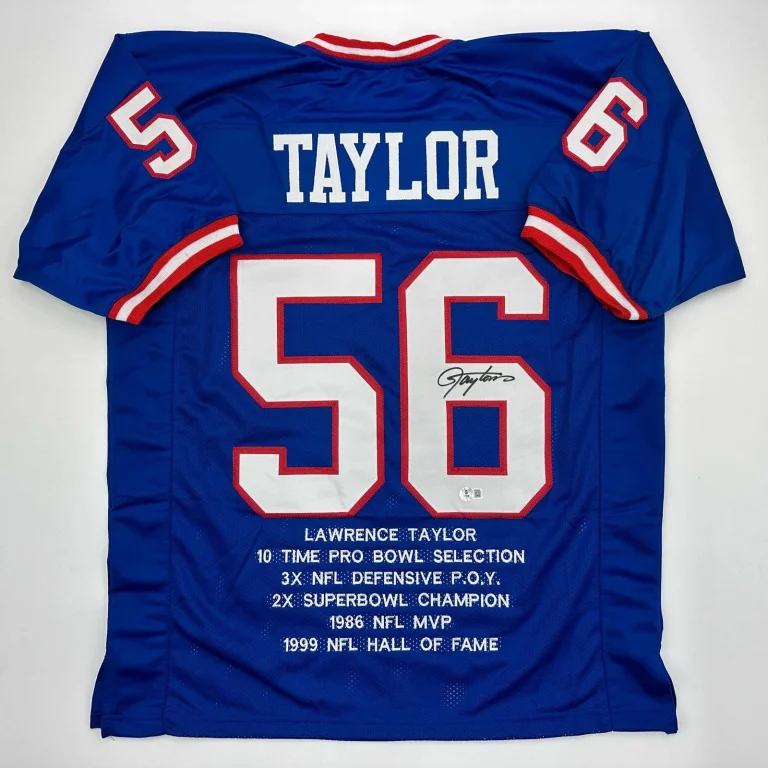 Autographed/Signed Lawrence Taylor New York Blue Stat Jersey Beckett COA