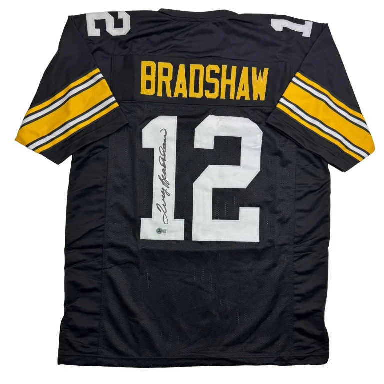 Autographed/Signed Terry Bradshaw Pittsburgh Black Jersey Beckett COA