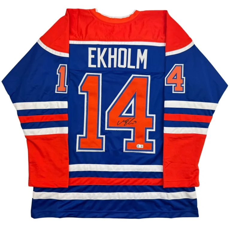 Autographed/Signed Mattias Ekholm Edmonton Blue Jersey Beckett BAS COA