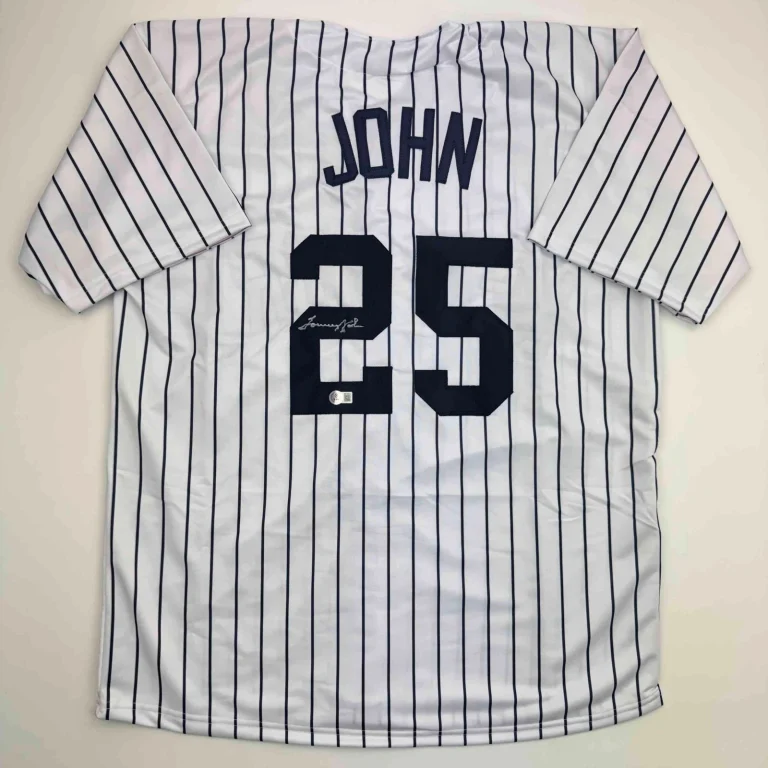 Autographed/Signed Tommy John New York Pinstripe Jersey Beckett BAS COA