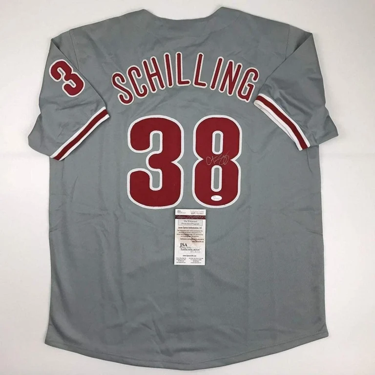 Autographed/Signed Curt Schilling Philadelphia Grey Baseball Jersey JSA COA