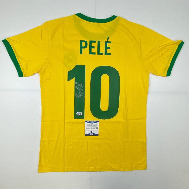 Autographed/Signed Pele Brazil Yellow Futbol Jersey Beckett BAS COA Auto #2