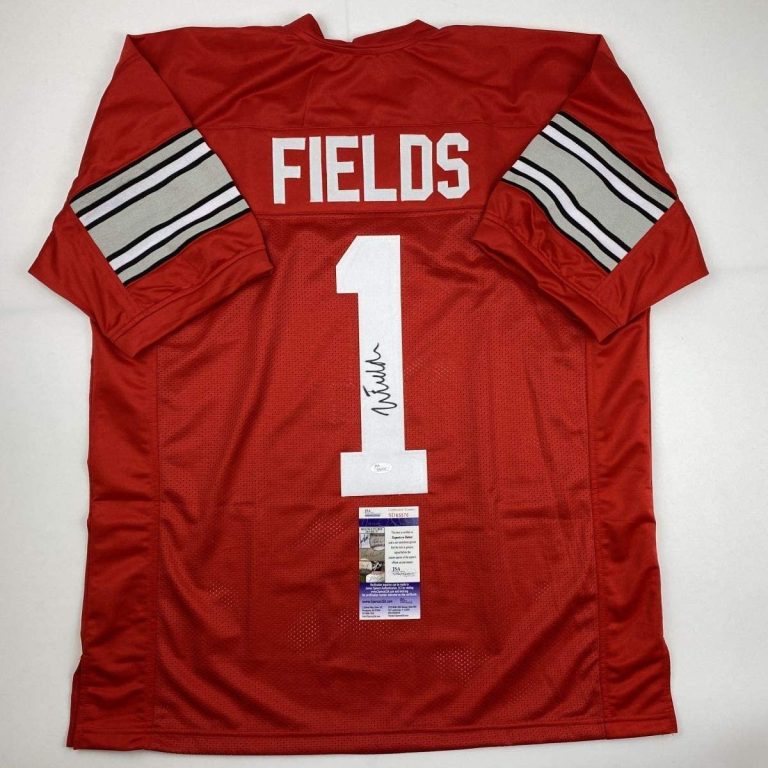 Autographed/Signed Justin Fields Ohio State Red College Jersey JSA COA
