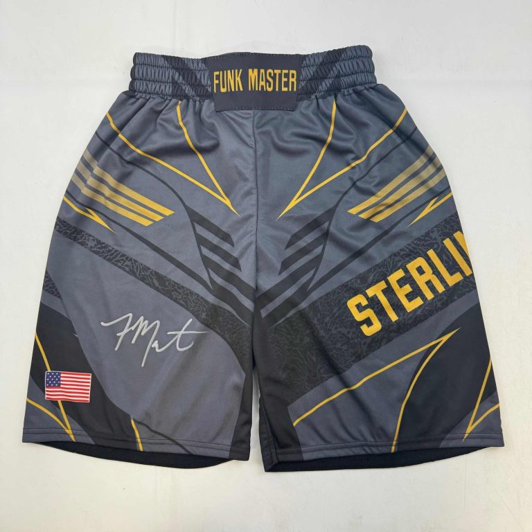 Autographed/Signed Aljamain Sterling Black/Gold UFC Trunks Shorts BAS COA