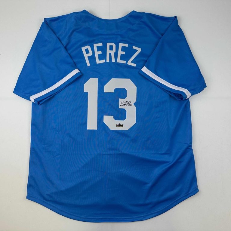 Facsimile Autographed Salvador Perez Kansas City Blue Jersey Men's XL