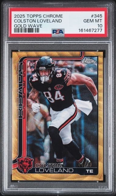 Graded 2025 Topps Chrome Colston Loveland #345 Gold Wave /50 RC PSA 10
