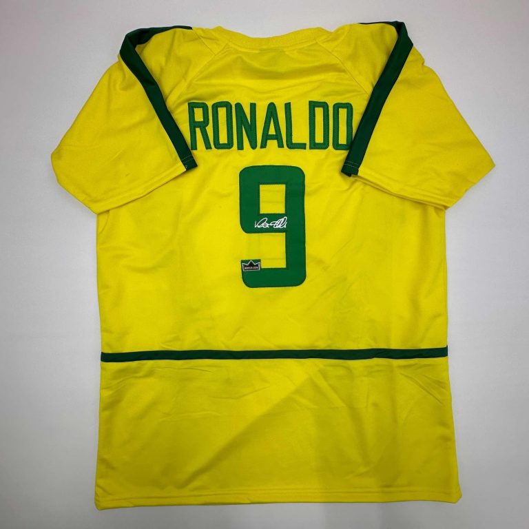 Facsimile Autographed Ronaldo Nazario Brazil Yellow World Cup Jersey XL