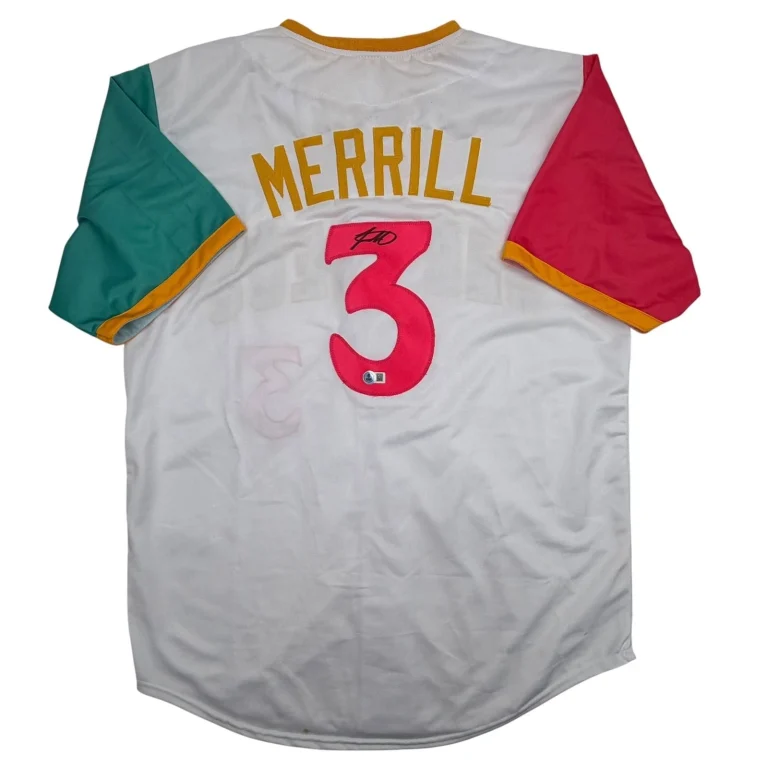 Autographed/Signed Jackson Merrill San Diego White CC Jersey Beckett COA