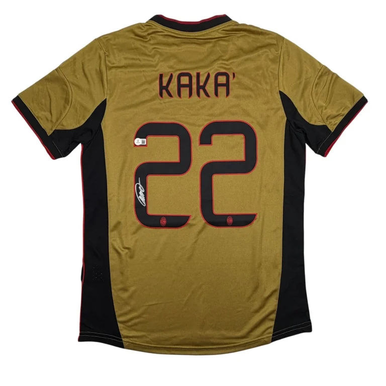 Autographed/Signed Ricardo Kaka AC Milan Gold Soccer Jersey Beckett BAS COA