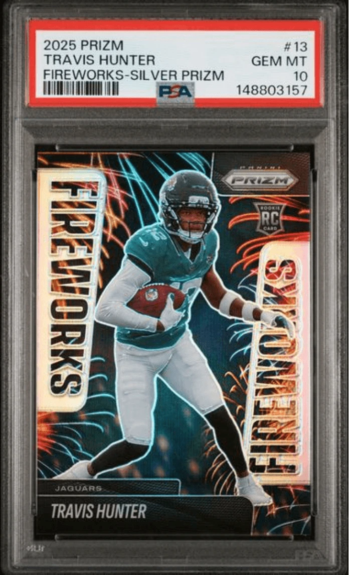 Graded 2025 Prizm Travis Hunter #13 Fireworks Silver Rookie Card PSA 10