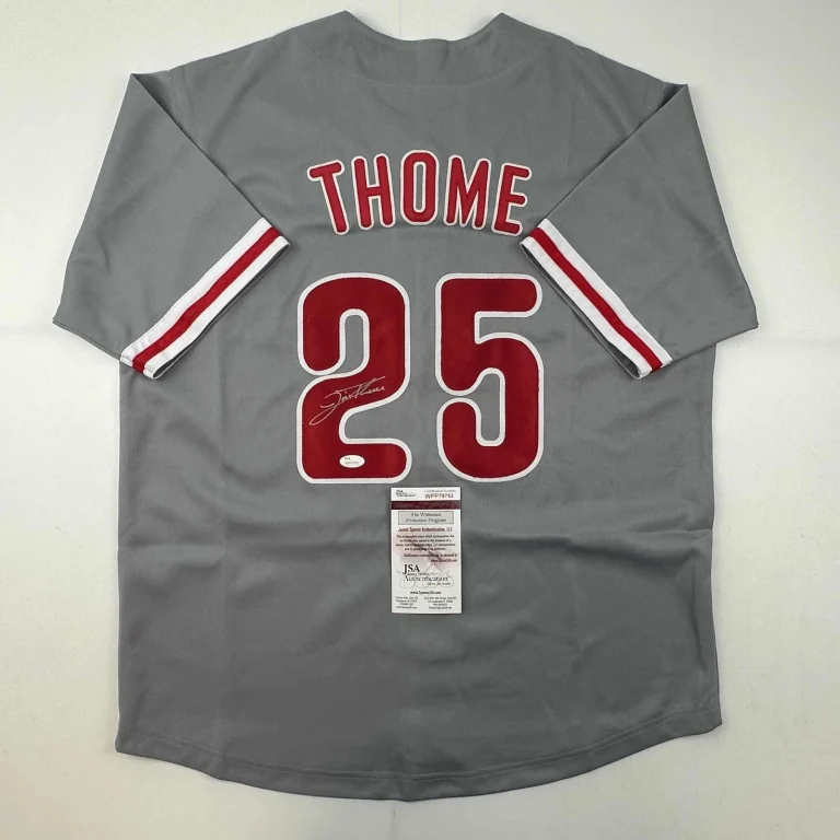 Autographed/Signed Jim Thome Philadelphia Grey Baseball Jersey JSA COA