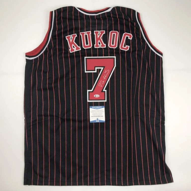 Autographed/Signed Toni Kukoc Chicago Black Pinstripe Jersey BAS COA